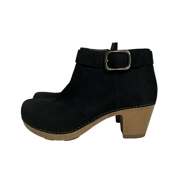 Dansko Autumn Booties Size 37 6.5 7 US Black Nubuck Leather Ankle Buckle Heel - Picture 1 of 10